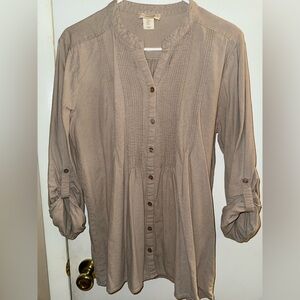 Cynthia Rowley Taupe Pintuck Button-Front Tunic